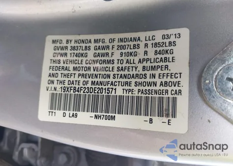 2013 Honda Civic Hybrid z USA, uszkodzony, nr VIN 19XFB4F23DE201571